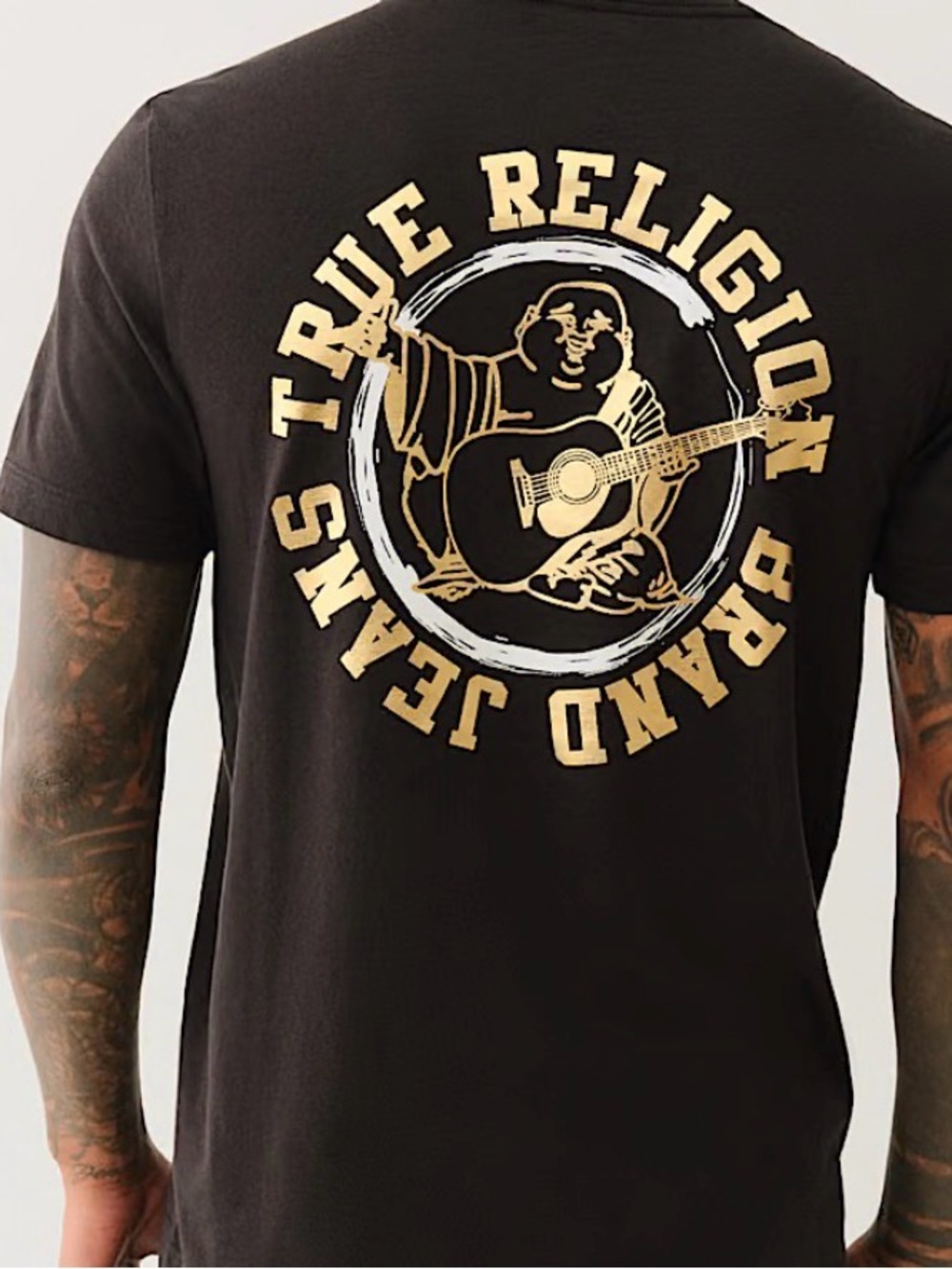 True Religion Black Tee with Gold & White Back Graphic